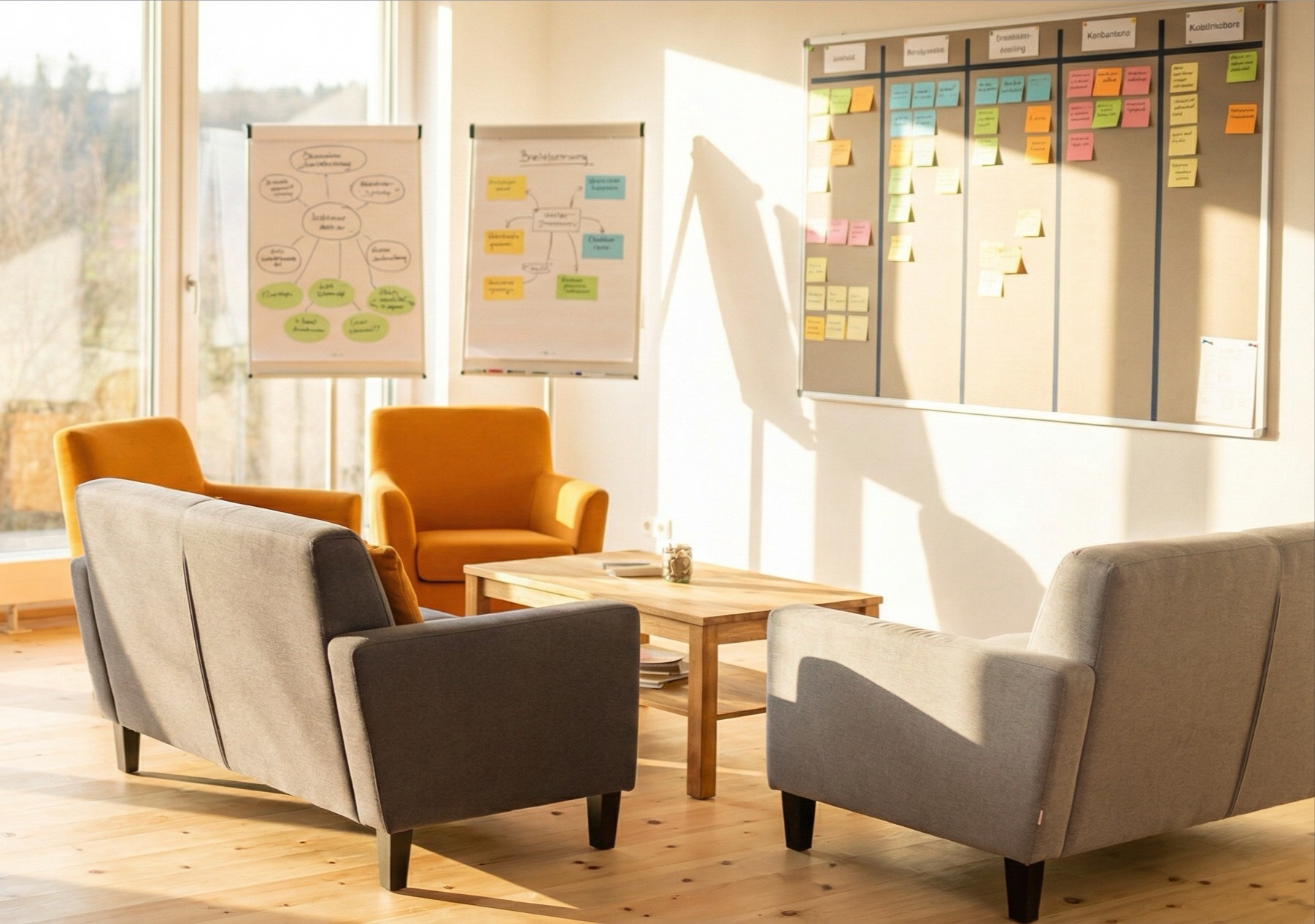 Workshop-Raum mit Sesseln und Flipcharts – Organisationsberatung bei Marakanda